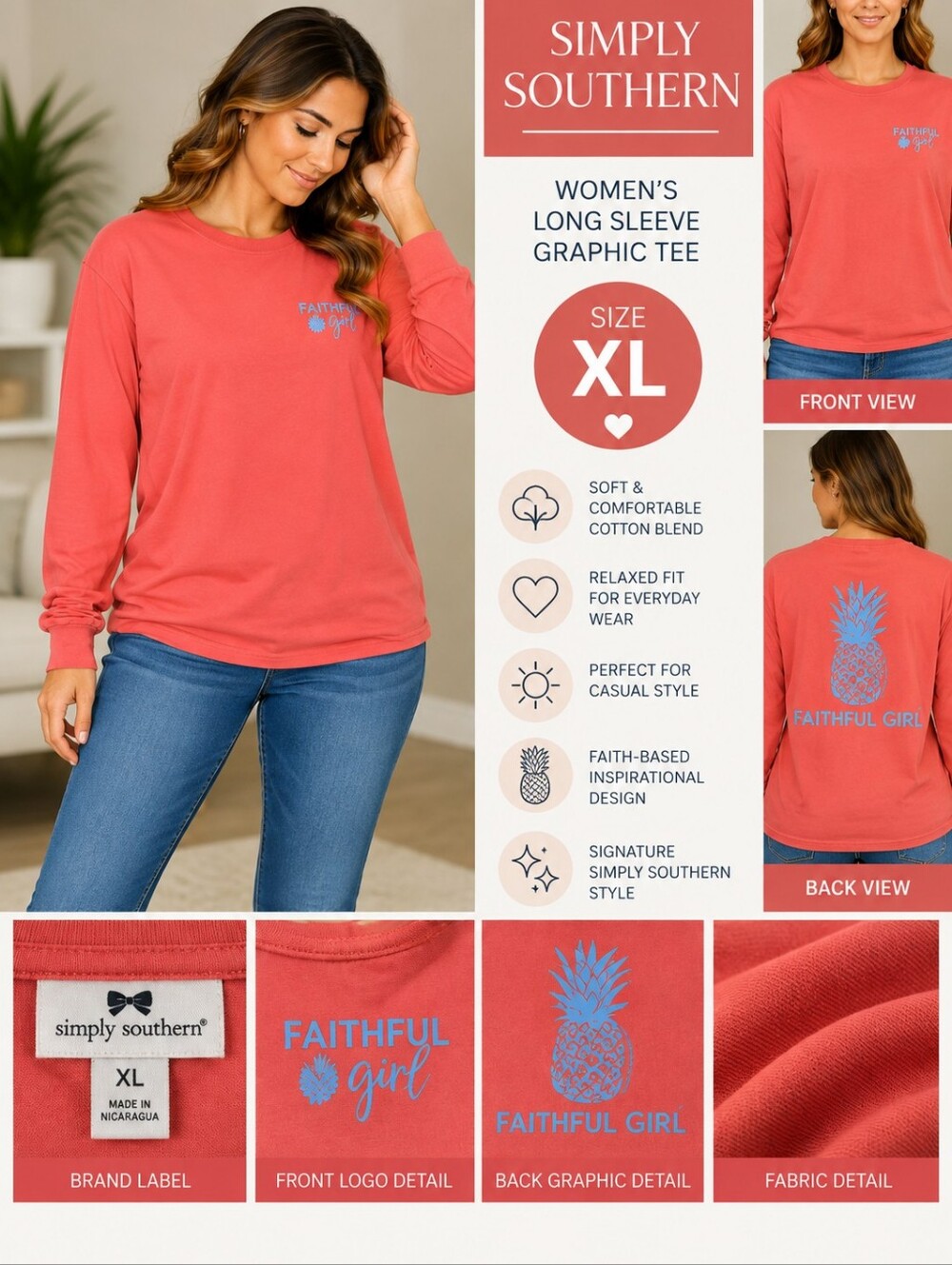 Simply southern Women's XL coral faithful pineapple shirt #31